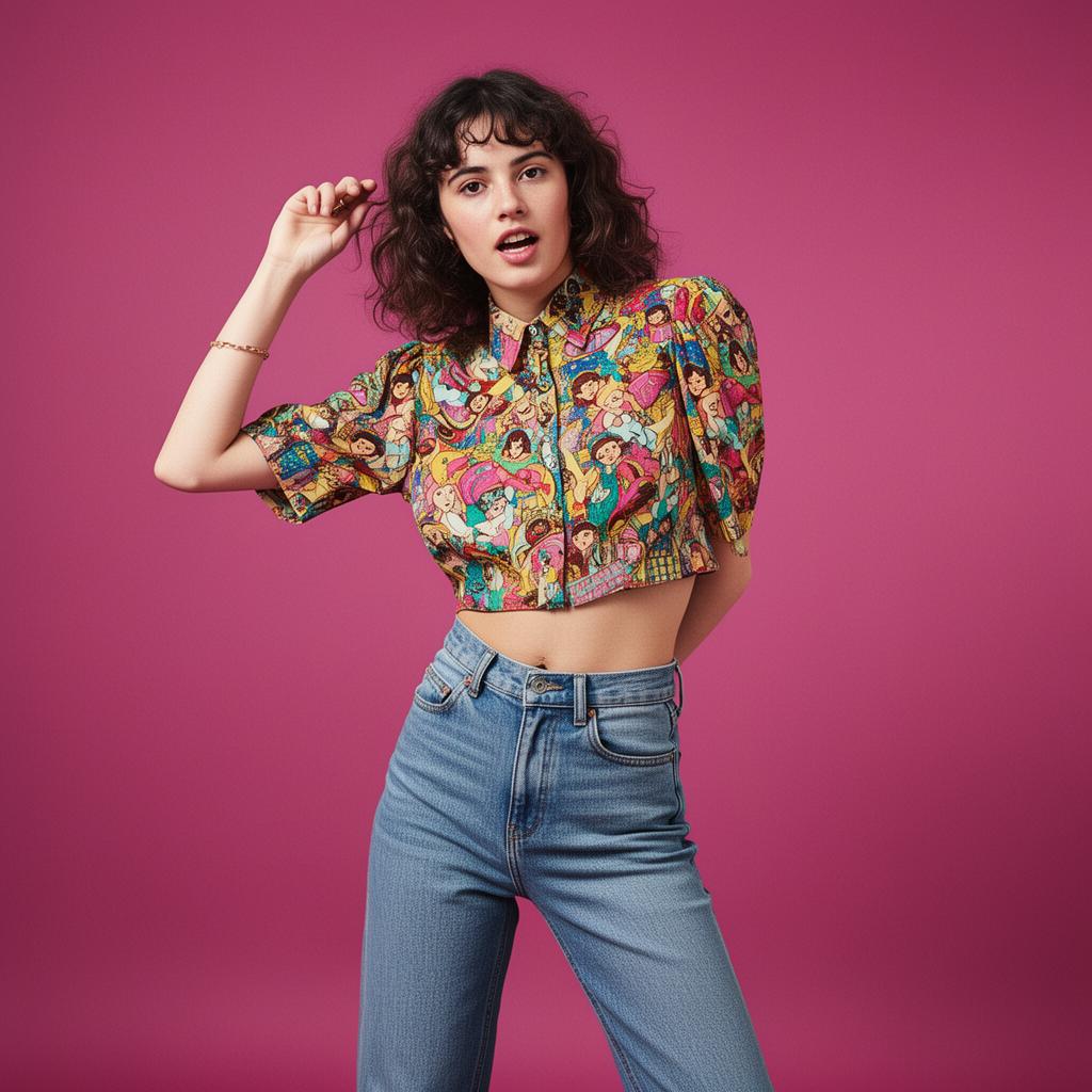 Modèle gen Z en crop top vintage, photo studio IA pour Depop