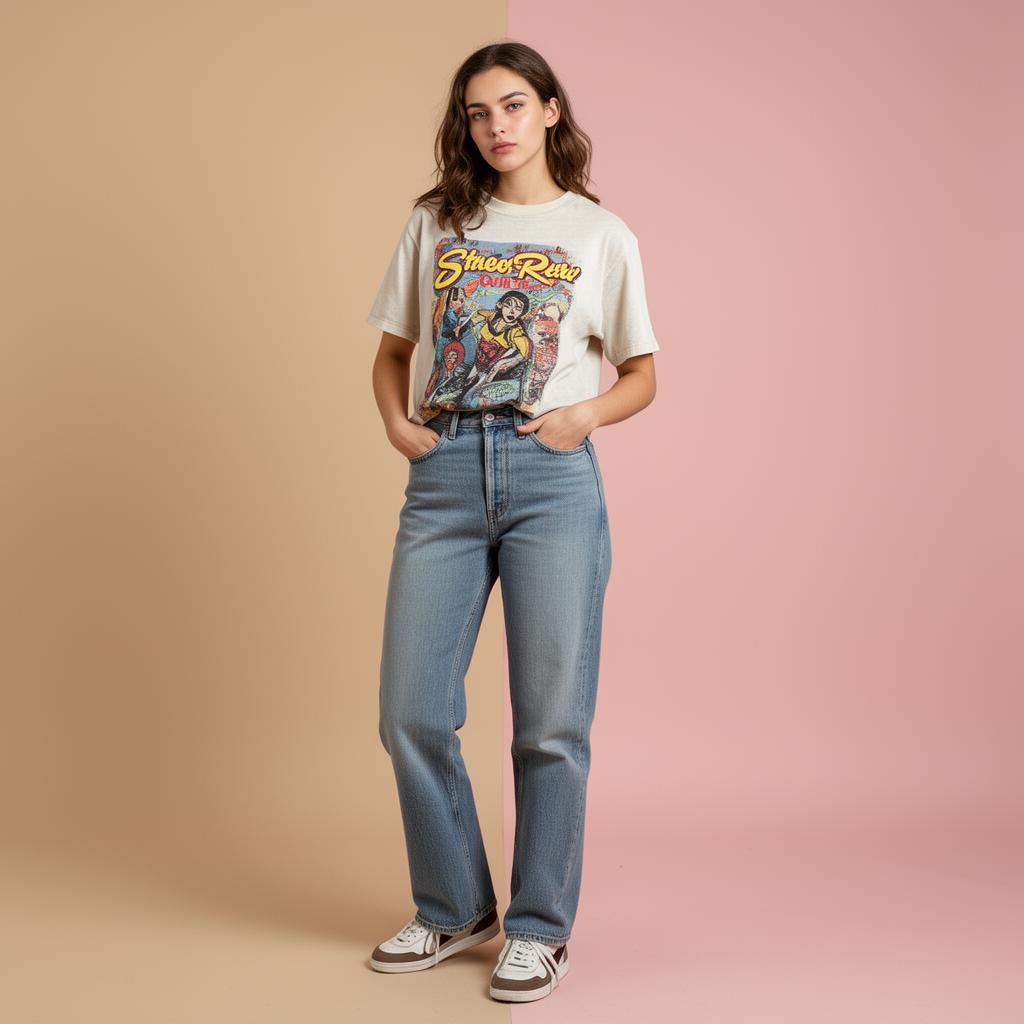Mannequin portant un t-shirt streetwear, photo studio générée par IRVYN pour Vinted